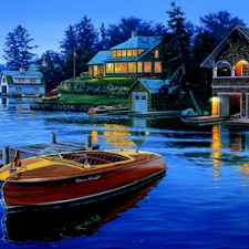 Boat, evening, by, lake, Houses