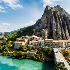 mountains, Sisteron, bridge, River, Houses, France