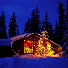 cottage, winter, christmas, forest