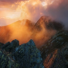 Retezat Massif, Romania, clouds, Sunrise, Mountains, carpathians