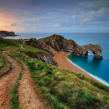 rocks, sea, Way, Jurassic Coast, England, Durdle Door, Great Sunsets