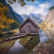 viewes, trees, Wooden, Obersee Lake, house, cottage, Alps Mountains, Germany, autumn, Stones, Berchtesgaden National Park, Bavaria