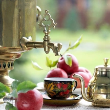 samovar, apples, cups, tea