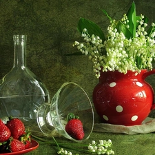 dishes, strawberries, lilies, glass, jug