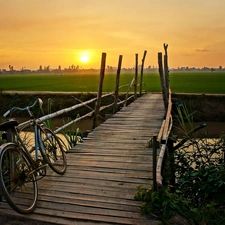 Bike, brook, east, sun, medows, footbridge