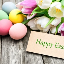 Tulips, color, text, eggs, Easter, card, Happy Easter