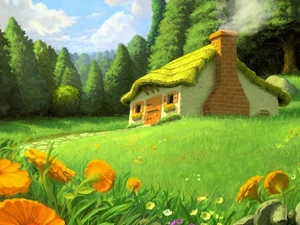 Flowers, graphics, thatch, forest, cottage