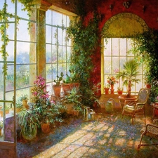 picture, orangery, Flowers, interior
