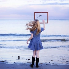 frame, girl, sea