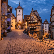 Houses, Street, Bavaria, Rothenburg ob der Tauber, Germany