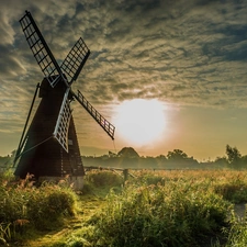 grass, Windmill, sun