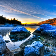 winter, Stones, Great Sunsets, River