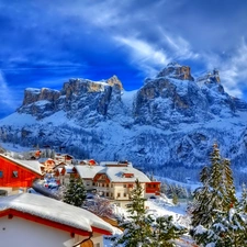 Houses, winter, Mountains
