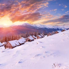 Mountains, west, Houses, winter, forest, sun