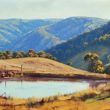 lake, woods, picture, Mountains, painting