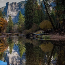 Yosemite National Park, Sierra Nevada Mountains, viewes, Merced River, trees, California, The United States, Stones