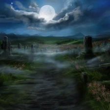 cemetery, Night, moon, graves