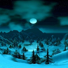 viewes, winter, moon, Night, Mountains, trees