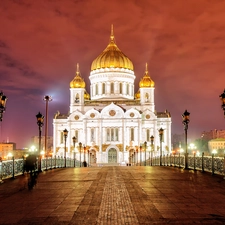 bridge, lanterns, Moscow, Cathedral of Christ the Savior, Russia