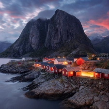Lofoten, Norwegian Sea, Mountains, Houses, clouds, Norway, Village Hamnøy, rocks, light
