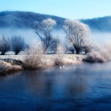 viewes, River, Mountains, winter, Fog, trees
