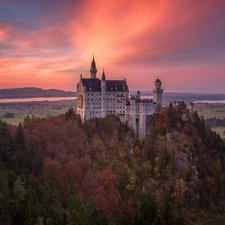 Neuschwanstein Castle, forest, Great Sunsets, trees, clouds, Bavaria, Germany, viewes