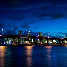 River, Town, night, bridge