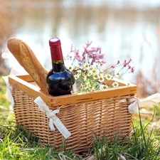 Wine, baguette, picnic, basket
