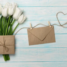 envelope, Tulips, Heart, Present, White, twine, Buckles