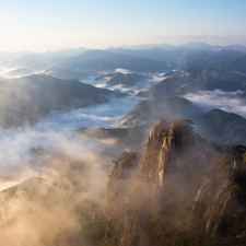 Mountains, vertices, Fog, Daedunsan Provincial Park, North Jeolla Province, South Korea, viewes, rocks, trees