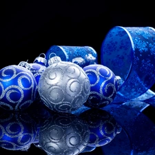 Blue, Christmas, reflection, baubles