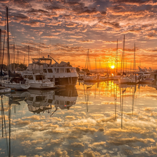 State of California, The United States, San Diego, Harbour, Sunrise, Sailboats, clouds, reflection, Yachts