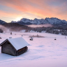 Bavaria, Germany, Krun City, Alps Mountains, snow, Houses, viewes, winter, trees