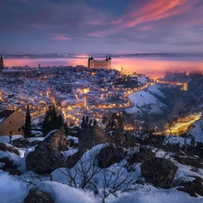 Tag River, Houses, Toledo, light, Town, winter, Spain