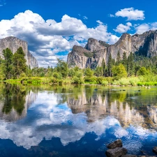 State of California, The United States, Yosemite National Park, Merced River, Sierra Nevada Mountains, clouds, trees, viewes, reflection