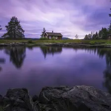 Stones, Vaeleren Lake, Boat, house, Ringerike, Norway, viewes, reflection, trees