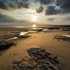 Sunrise, Dunraven Bay Beach, Sky, Stones, wales, sea, clouds