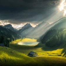 lake, Switzerland, Valley, Sunrise, Houses, Mountains