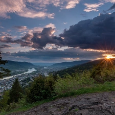 trees, Norway, clouds, Mountains, Drammen, viewes, Great Sunsets