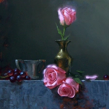 picture, roses, vase, Grapes