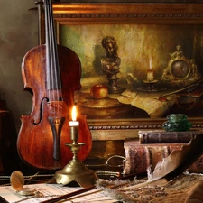 candle, violin, picture, Books, composition