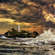Lighthouses, sea, Waves, Great Sunsets