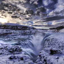 clouds, waterfall, winter, Mountains