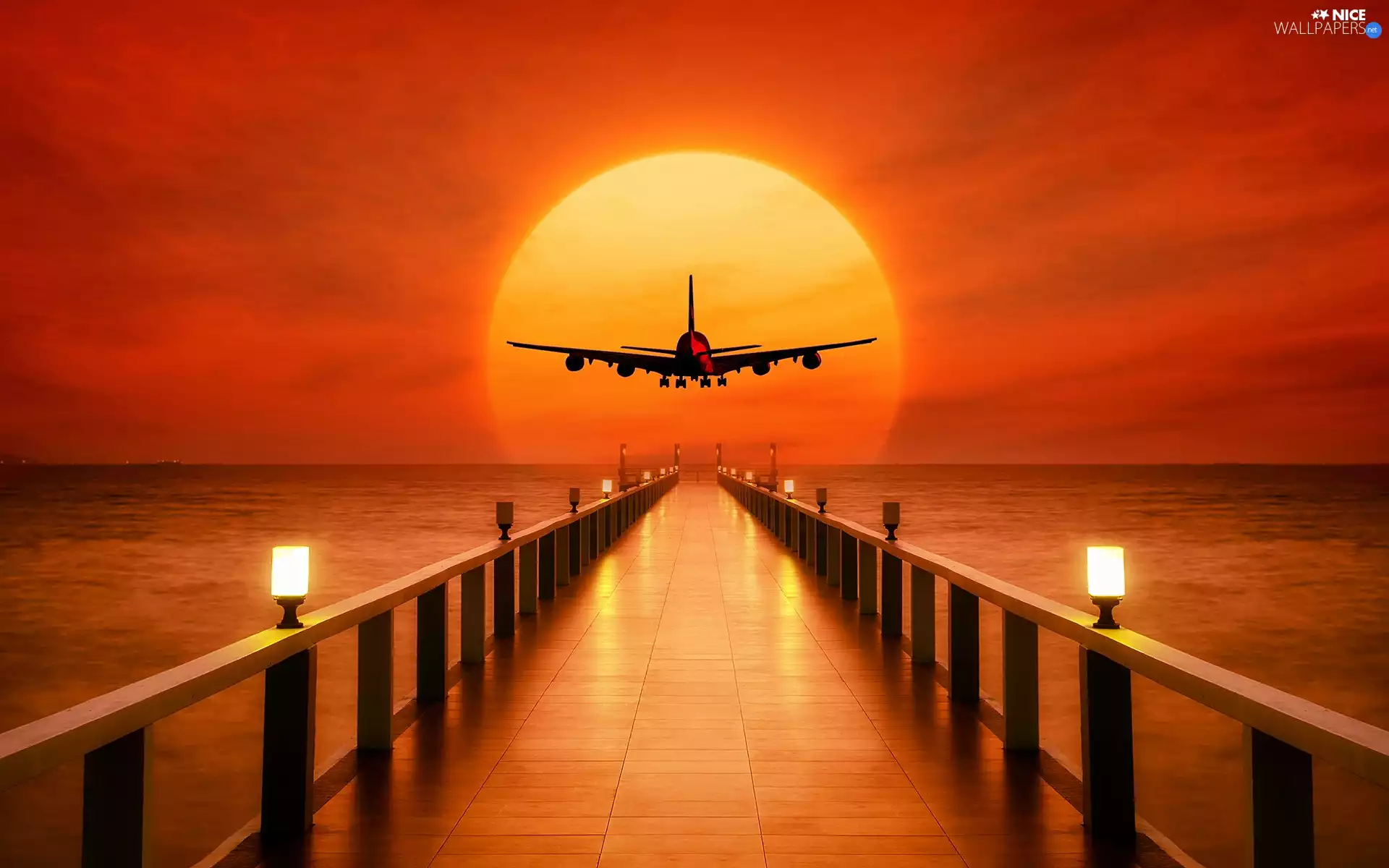 pier, sea, plane, 2D, Lamps, Great Sunsets