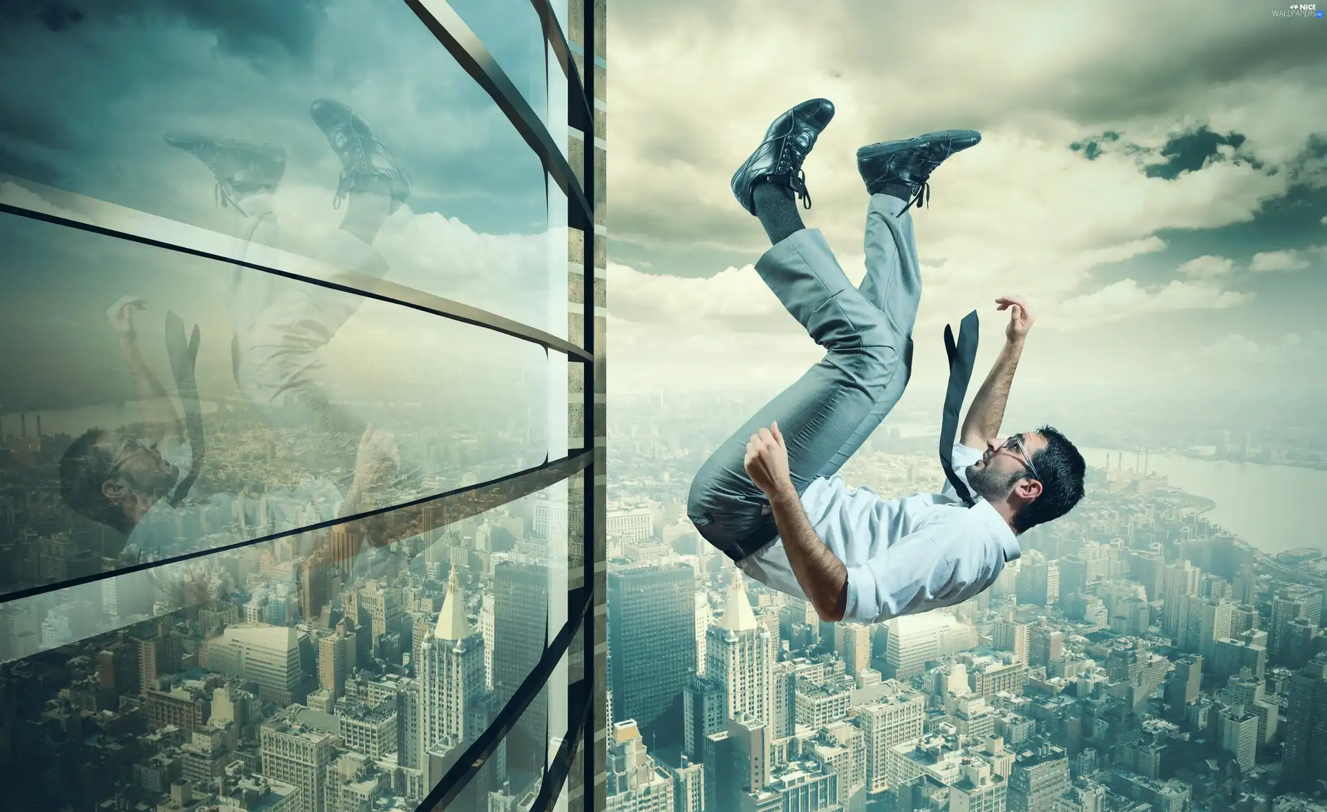 a man, high-rise, panorama, falling, graphics, fall, Town