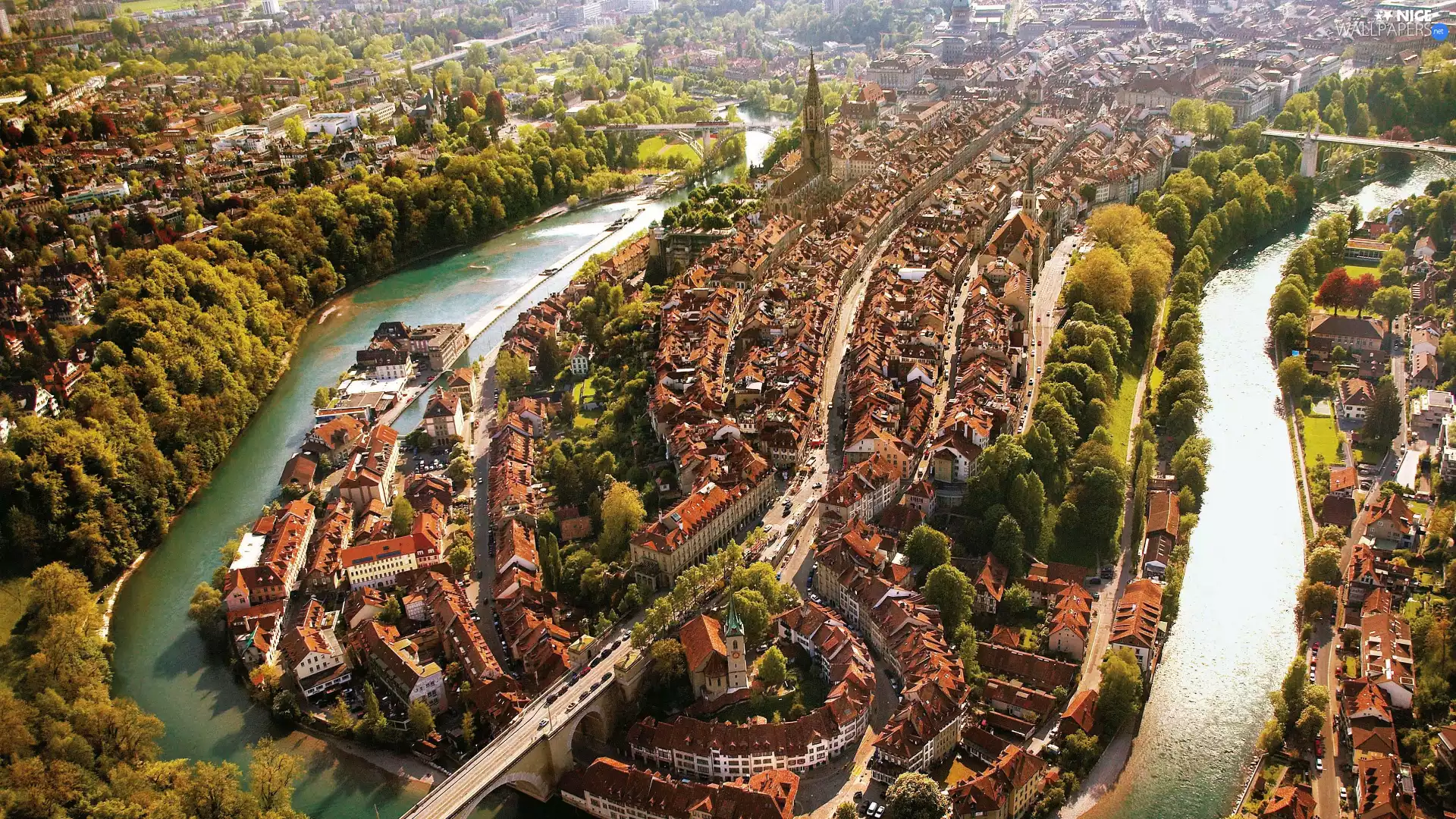 Aare River, Town, Bridges, Bern, Switzerland, Houses, Aerial View