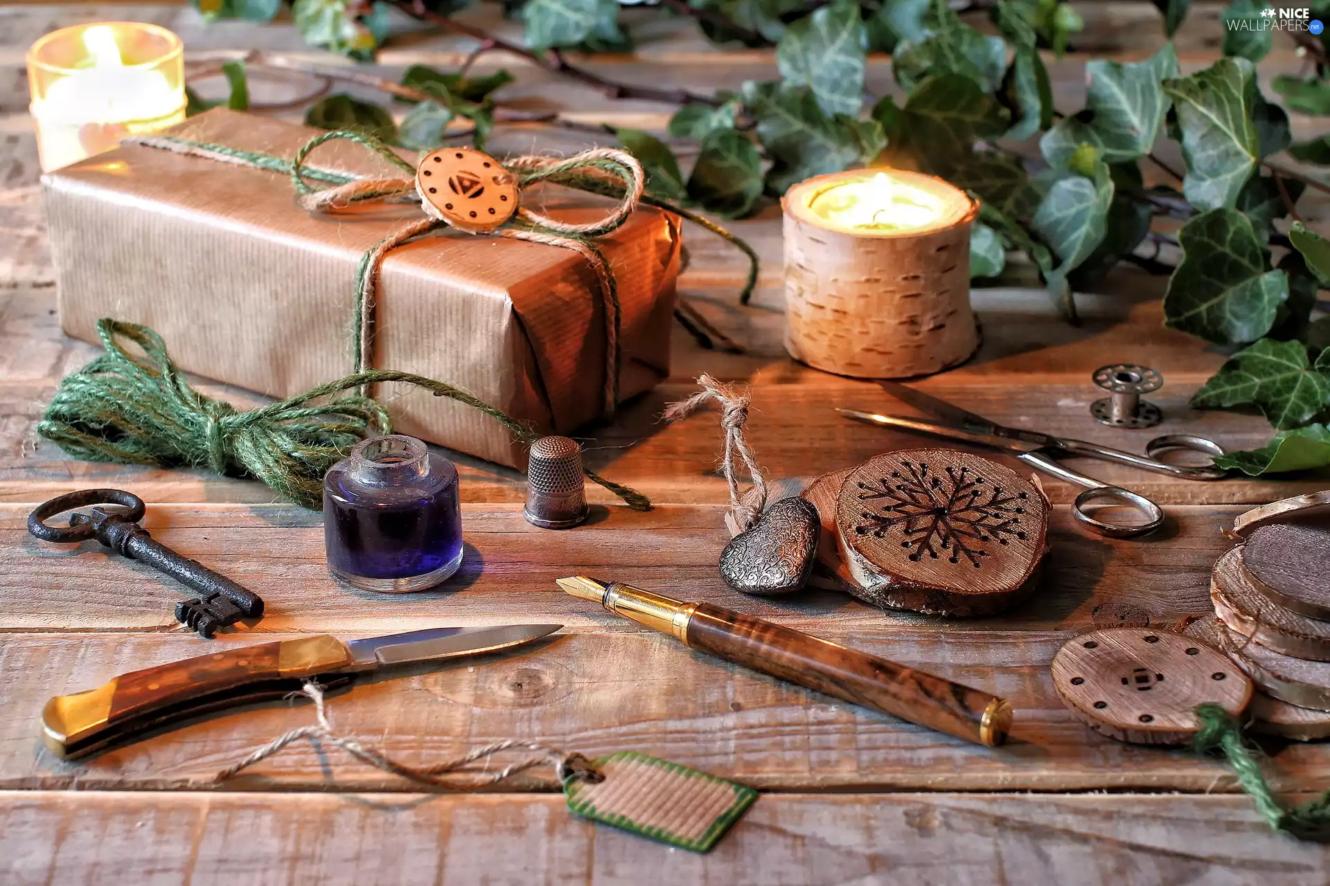 pen, ink, candle, scissors, decorative, Present, composition, accessories