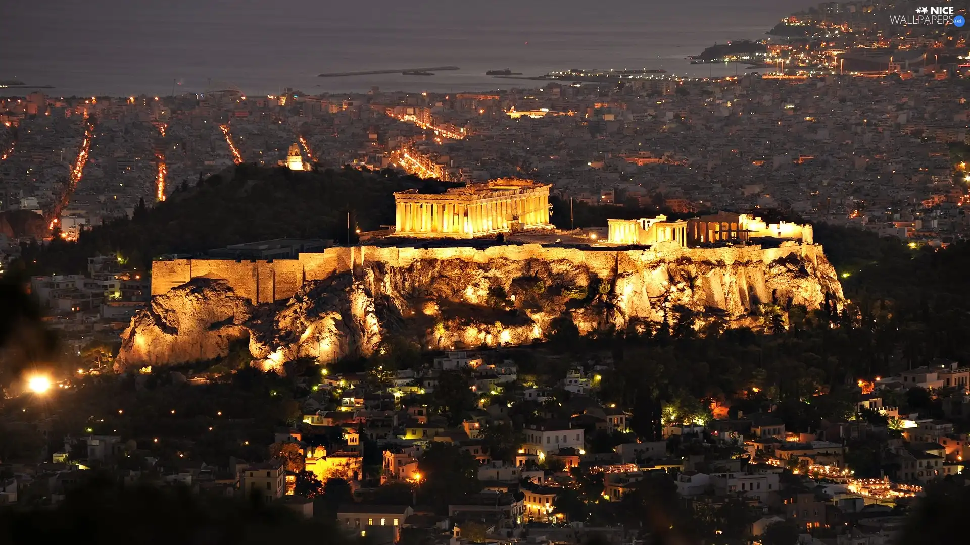 acropolis, Greece, Floodlit