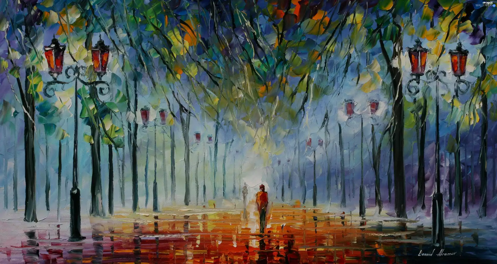 alley, lanterns, Leonid Afremov, Park, painting