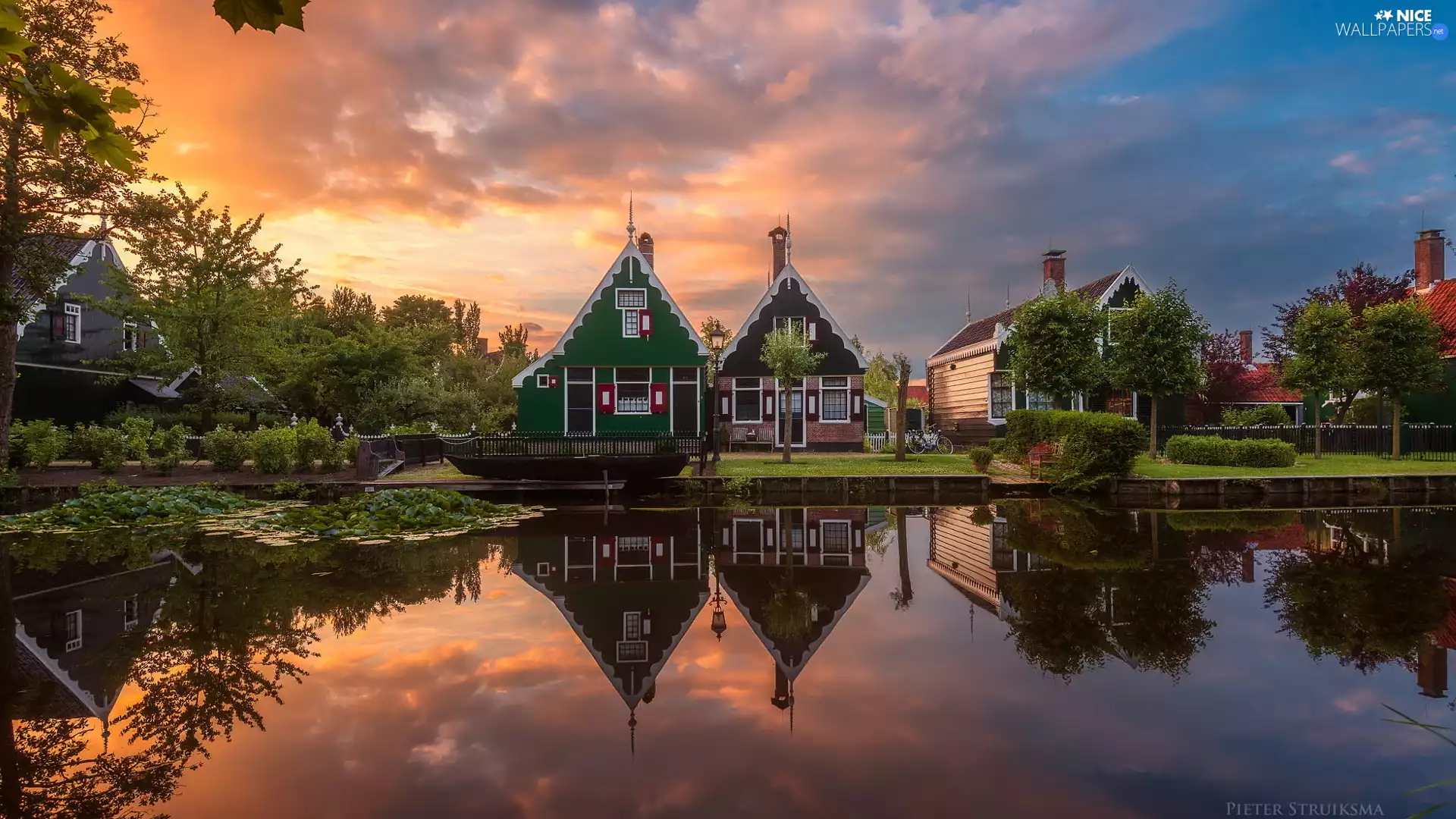Zaanse Schans Open Air Museum, trees, Great Sunsets, viewes, Houses, River Zaan, Netherlands